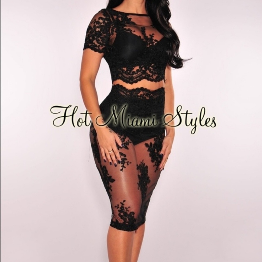 Sheer black lace skirt and top set
